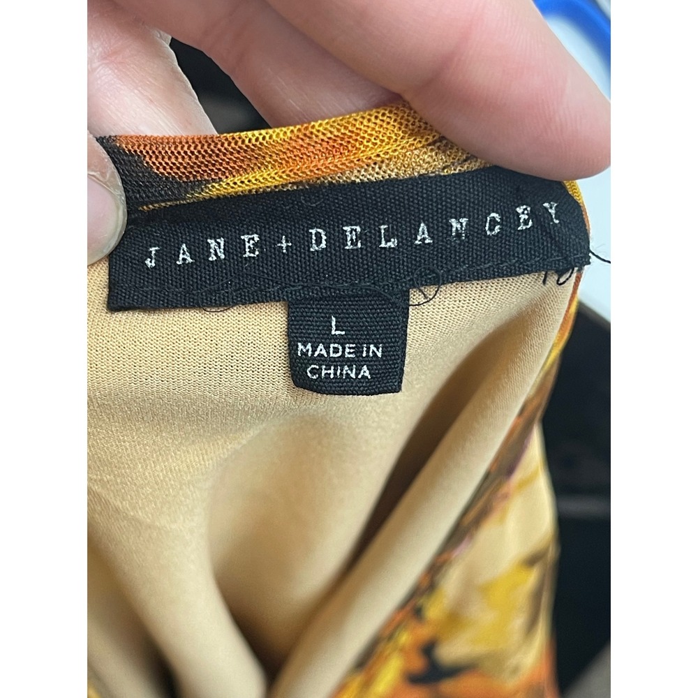 Jane + Delancey Floral Mesh Ruched V-Neck Long Sleeve Top Orange Yellow Large - Picture 3 of 4